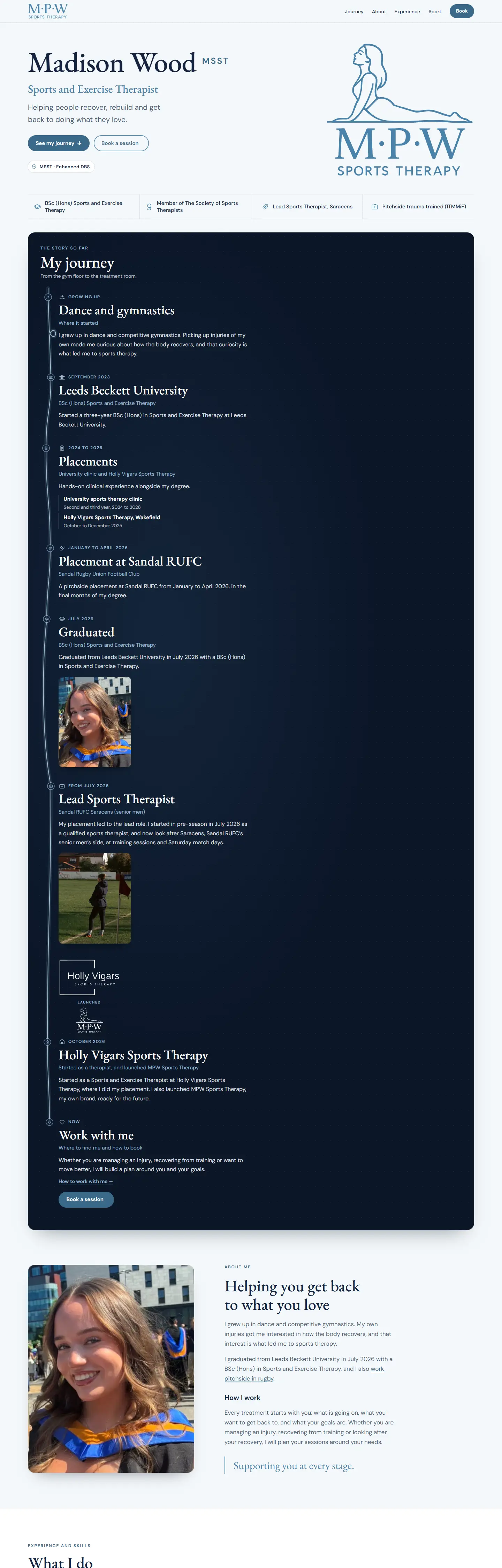 The MPW Sports Therapy home page on a desktop screen