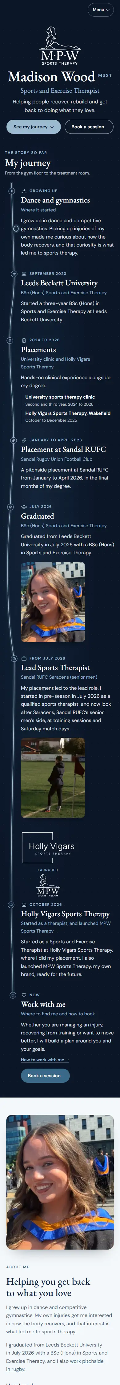 The MPW Sports Therapy home page on a phone