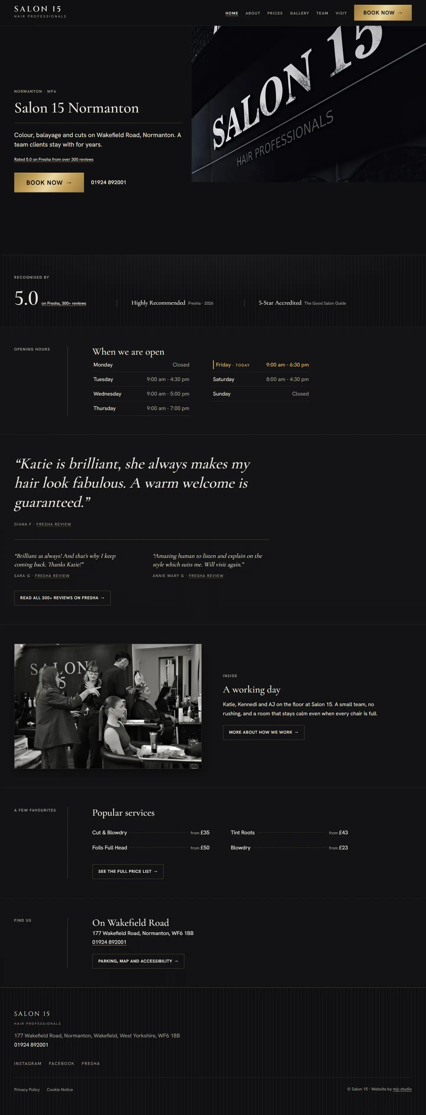 The Salon 15 home page on a desktop screen